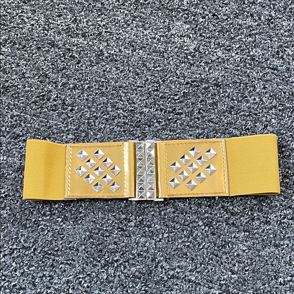 Vintage Studded Elastic Belt Mustard Yellow & Silver Hardware elastic Waist Belt